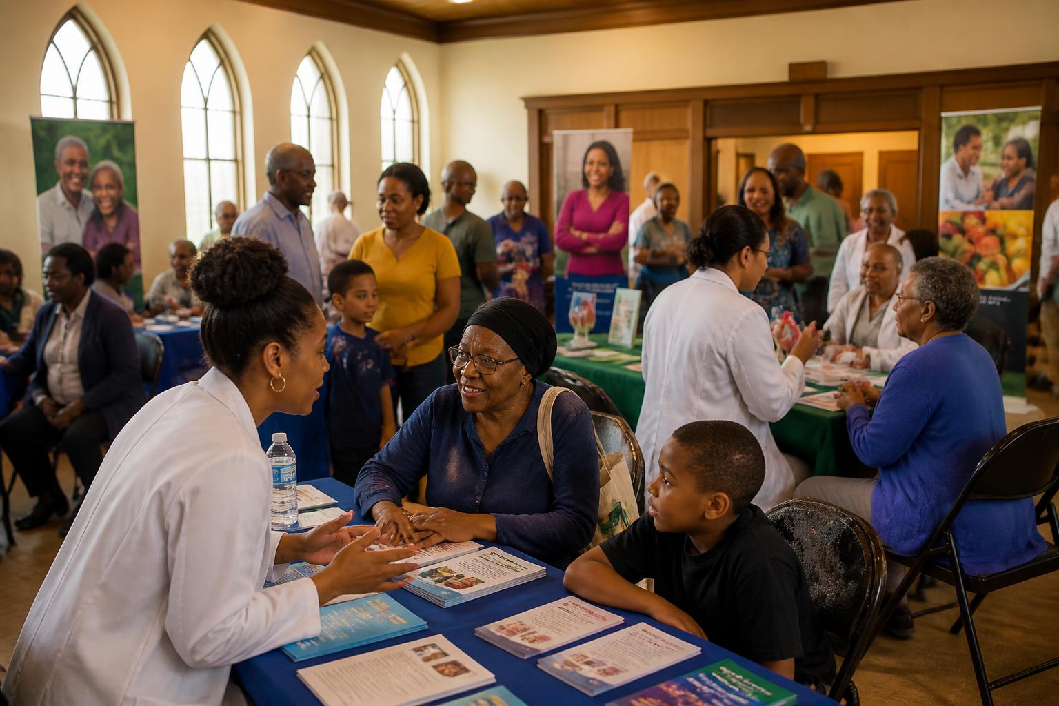 A community health fair with Black families speaking with healthcare professionals at education tables
